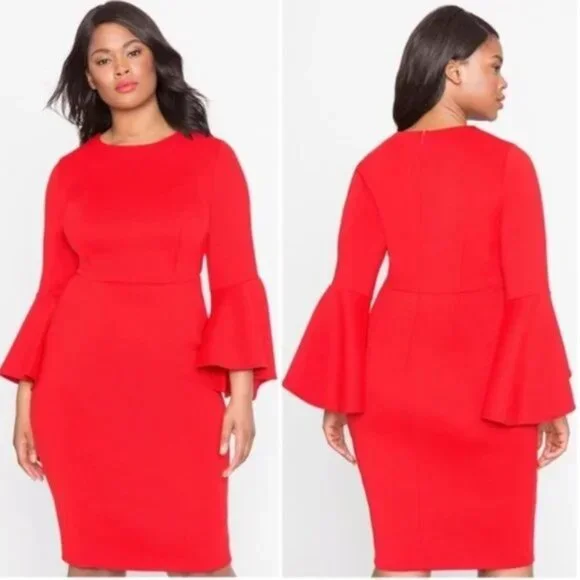 Eloquii | Dresses | Nwt Eloquii Red Scuba Dress Size 22 Long Bell Flared  Sleeves Stretch Double Knit | Poshmark